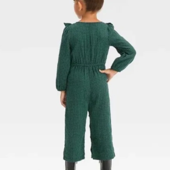 Romper Ruffle Jumpsuit Forest Green Plaid Houndstooth Pattern - Picture 2 of 2